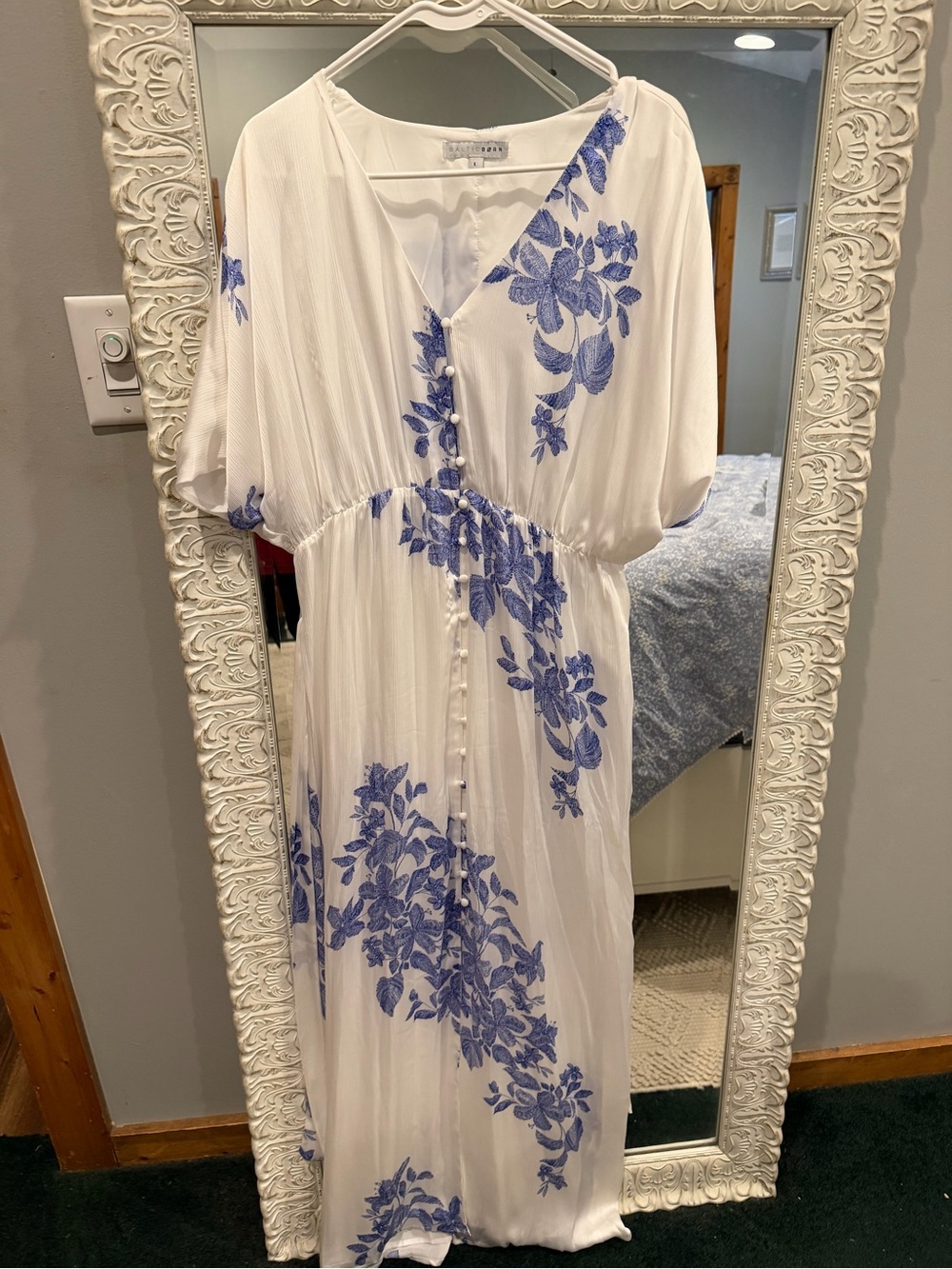 White Maxi Kimona Dress with Blue Floral Print